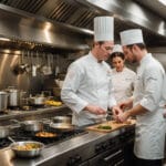 cuisinier dans un cuisine professionnelle avec des hottes