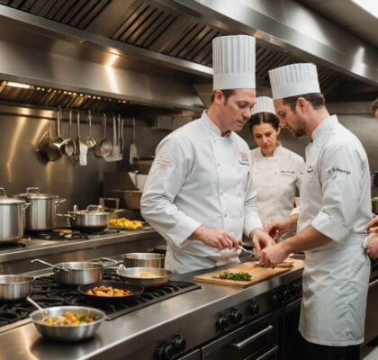 cuisinier dans un cuisine professionnelle avec des hottes