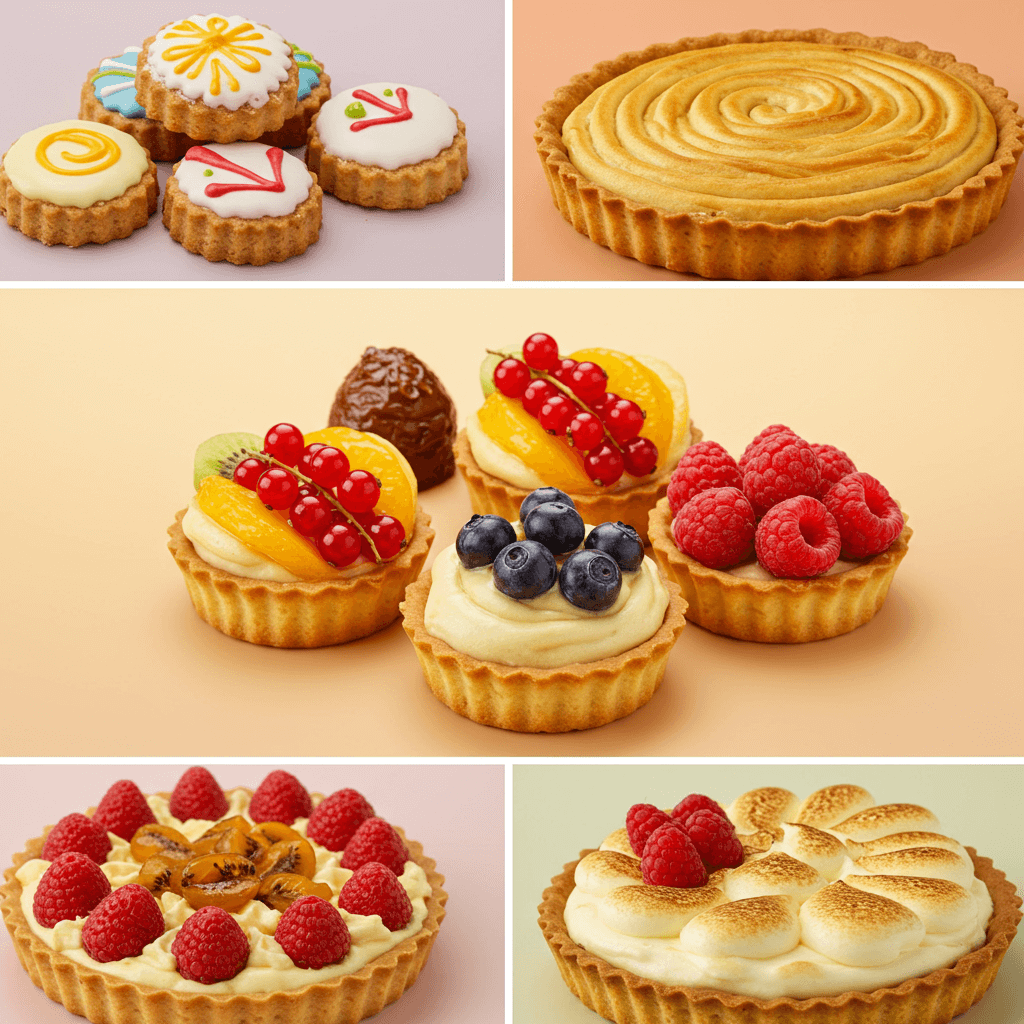 Recette pâte sablée maison facile : texture friable garantie ! Collage montrant diverses utilisations de la pâte sablée (petits sablés décorés, tartelettes aux fruits, fond de tarte garni de crème pâtissière et fruits)