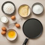 La recette des crêpes facile en 5 étapes simples Ingrédients pour une recette de crêpes facile sur une table en bois. Farine, œufs, lait et ustensiles de cuisine.