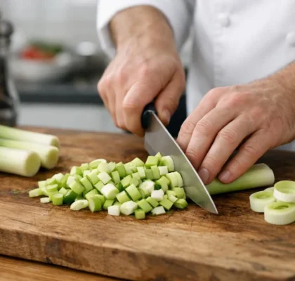 Cuisson Poireaux, 5 Méthodes Infaillibles en 2026 Cuisson poireaux: Mains de chef coupant des poireaux frais sur une planche en bois. Préparation professionnelle pour vos rece