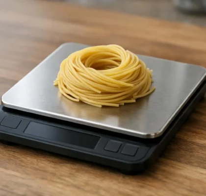 Combien de gramme de pâtes par personne ? Spaghettis pesés sur une balance de cuisine. Guide visuel pour savoir combien de gramme de pâtes par personne.