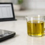 Tableau de conversion gramme en ml pour la cuisine: un verre doseur rempli et une balance numérique précis.