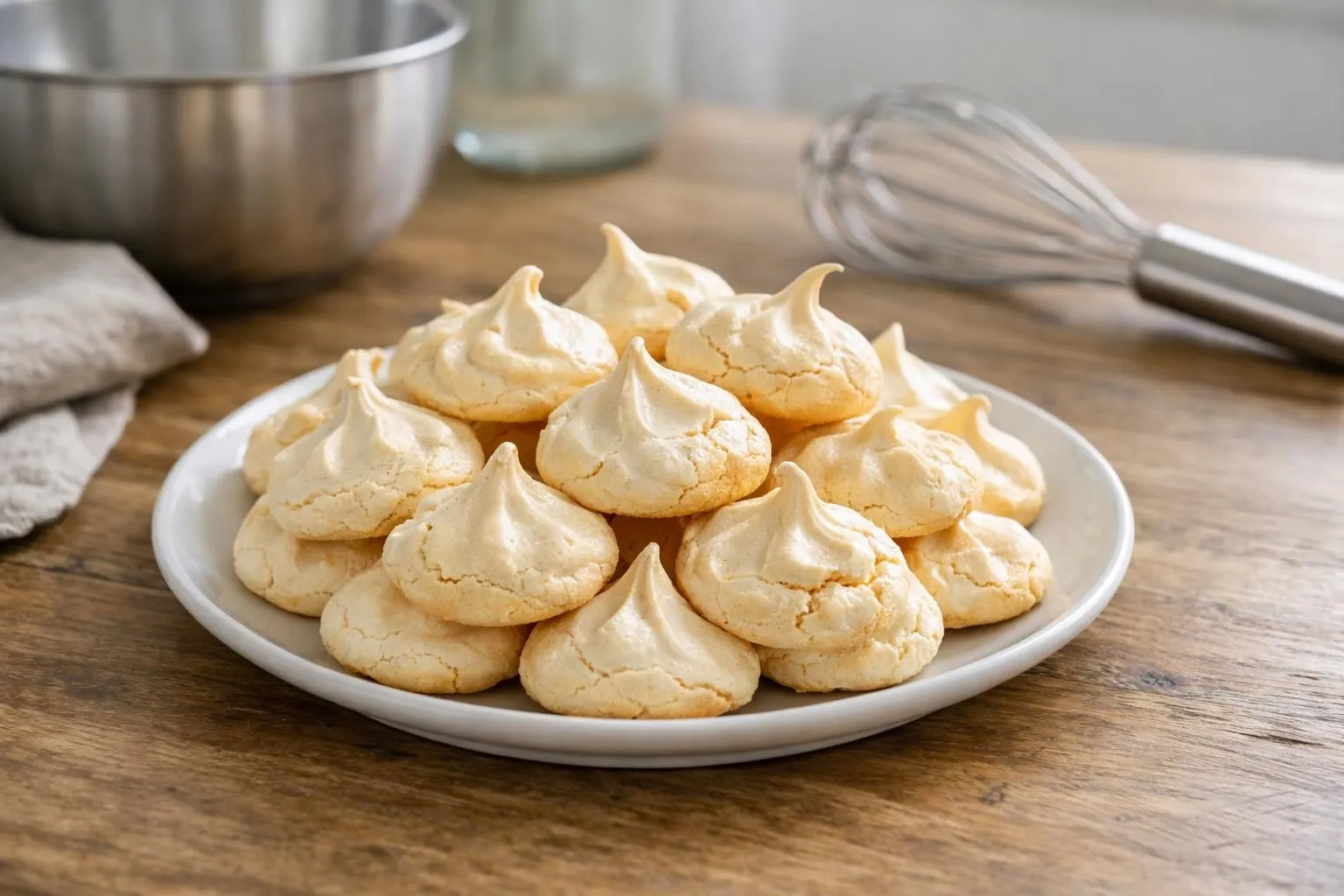 Meringues blanches croustillantes et dorées disposées sur une assiette en porcelaine claire, posée sur une table en bois clair avec lumière naturelle douce venant d