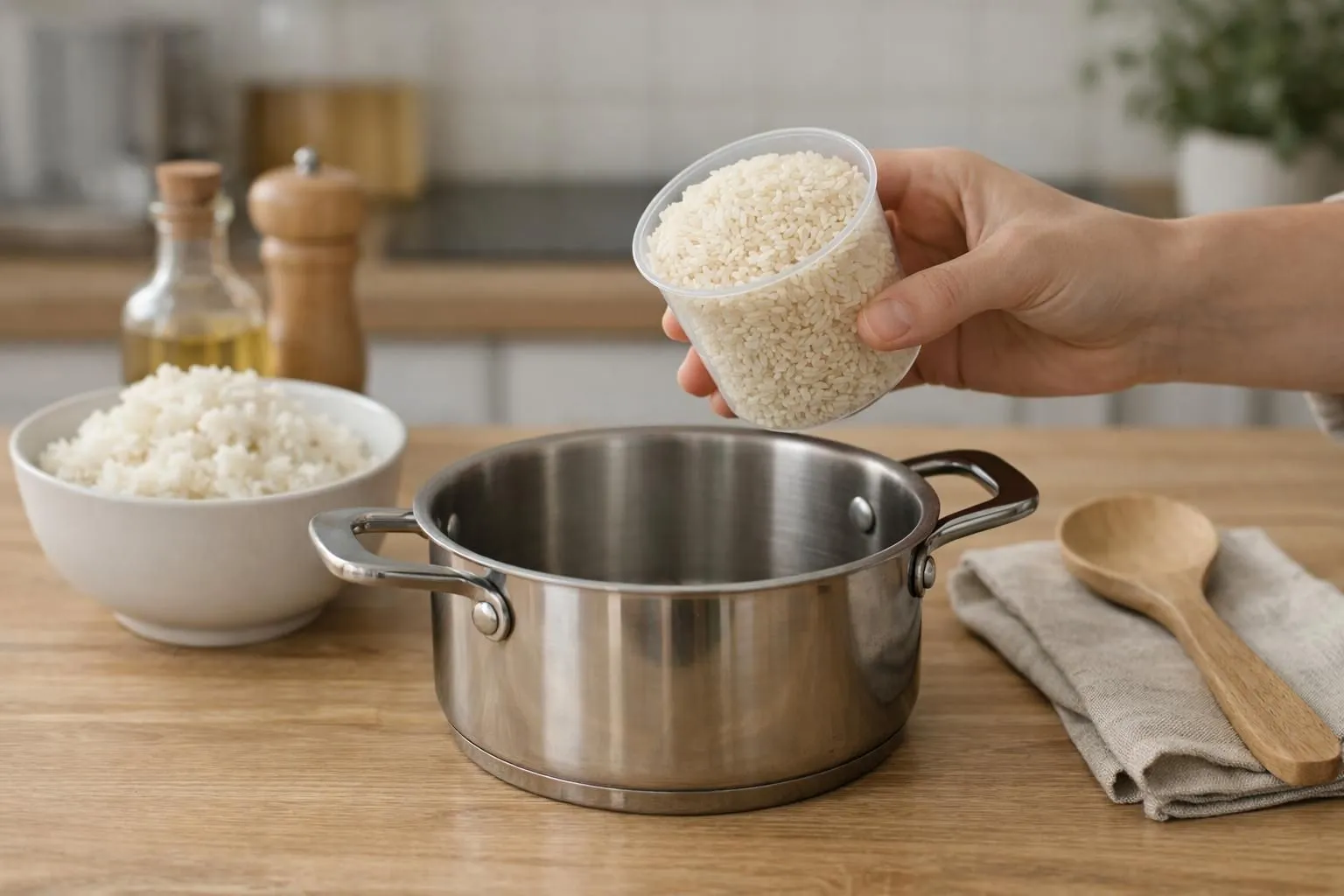 Combien de riz par personne pour réussir vos repas Scène en vue de dessus d'une cuisine moderne avec une main tenant un verre doseur rempli de grains de riz blancs au-dessus d'une casserole en inox sur une table en bois clair. À côté, un bol en céramique blanc avec du riz cuit parfaitement, des baguettes élégantes, quelques herbes fraîches (coriandre ou persil). Lumière naturelle douce créant des ombres légères, ambiance chaleureuse et organisée, arrière-plan légèrement flouté montrant des ingrédients frais (poivrons, oignons). Tons naturels beiges, blancs et verts, cadrage serré sur l'action de mesurer le riz.