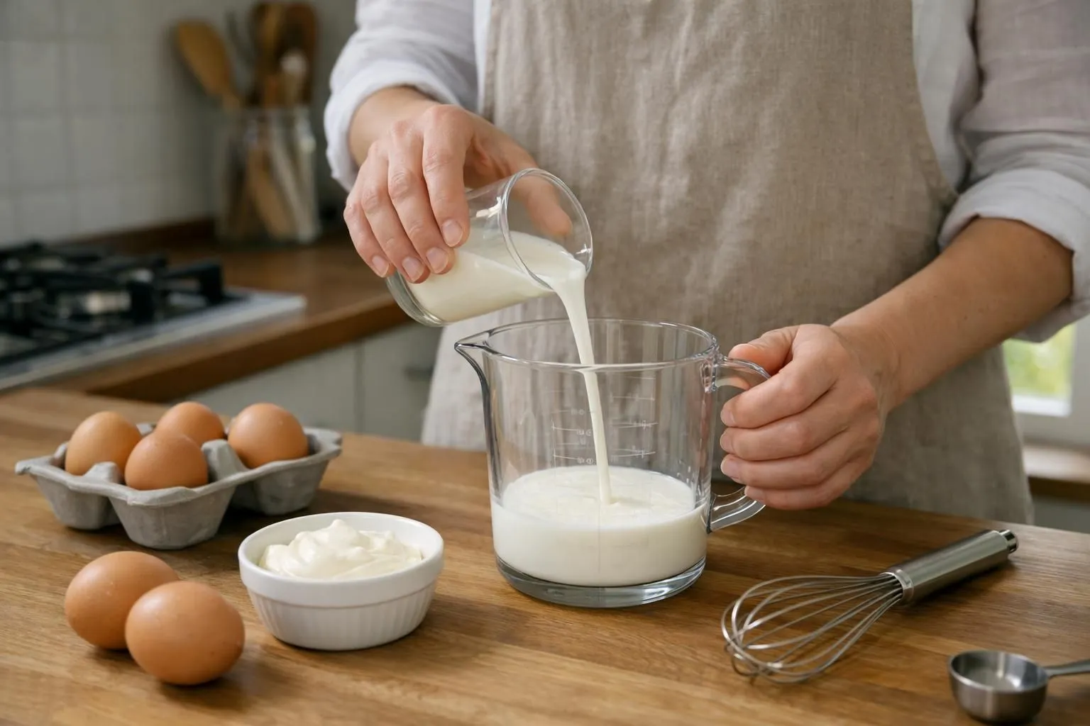 Person measuring liquid ingredients in modern French kitchen with transparent measuring cup showing measurement markings, fresh ingredients visible on wooden counter including cream, eggs, vanilla pods, mixing bowl and whisk, natural morning light through window, hands pouring liquid carefully into measuring cup, close-up angle showing measurement precision, warm beige and white color palette, realistic home cooking atmosphere
