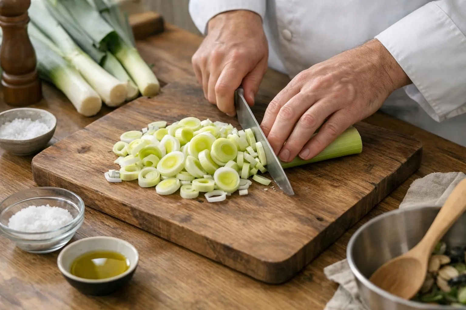 Cuisson Poireaux, 5 Méthodes Infaillibles en 2026 Poireaux fraîchement tranchés disposés sur une planche en bois rustique dans une cuisine lumineuse, avec différents ustensiles de cuisson disposés autour (casserole, poêle, panier vapeur), lumière naturelle douce filtrant par une fenêtre, mains d