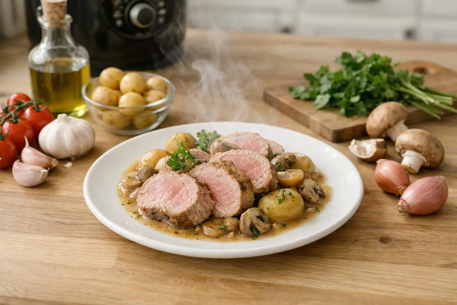 Filet mignon rosé parfaitement cuit dans un multicuiseur Cookeo ouvert, vue rapprochée montrant la tendreté de la viande, vapeur légère s'échappant, ingrédients frais disposés autour (herbes, ail, poivre), plan de travail en bois clair, lumière naturelle douce créant une ambiance chaleureuse de cuisine moderne, angle 45 degrés, mise au point nette sur la viande juteuse, arrière-plan flouté montrant une cuisine familiale accueillante