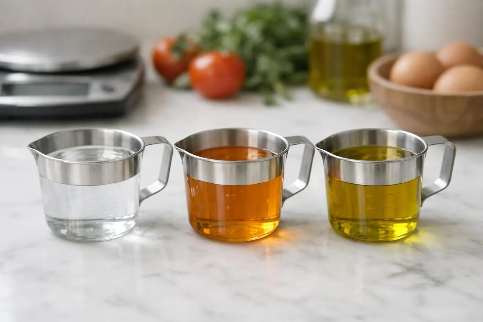 Close-up kitchen scene showing three identical measuring cups side by side, each containing 200ml of different liquids with distinct visual characteristics - water (clear), honey (golden amber and thick), and olive oil (greenish-yellow translucent). The cups are placed on a white marble countertop with soft natural lighting from the side. Each liquid shows its unique texture and viscosity. In the background, slightly blurred, we see a digital kitchen scale and fresh ingredients like herbs and lemons. The scene emphasizes the visual differences between liquids of equal volume but different weights. Warm, inviting atmosphere with professional food photography lighting.