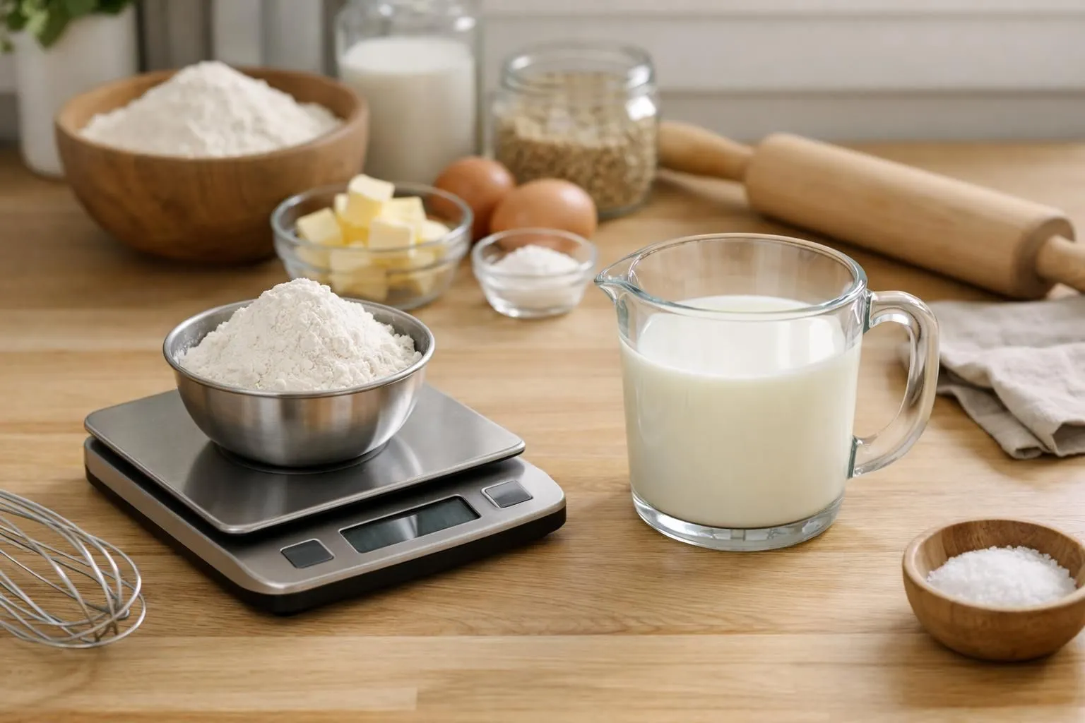 Scène culinaire en cuisine lumineuse montrant une balance de cuisine numérique avec bol de farine d'un côté et un verre doseur transparent rempli de farine de l'autre, illustrant visuellement la différence entre mesure de masse et mesure de volume. Sur le plan de travail en bois clair, ingrédients de pâtisserie disposés naturellement: œufs frais, beurre, sucre en poudre dans petit bol blanc, cuillères doseuses en métal. Lumière naturelle douce venant d'une fenêtre latérale, ambiance chaleureuse et pédagogique. Vue en angle à 45 degrés, mise au point nette sur la balance et le verre doseur, arrière-plan légèrement flouté montrant des ustensiles de cuisine. Atmosphère conviviale d'apprentissage culinaire, tons beige, blanc cassé et bois naturel.