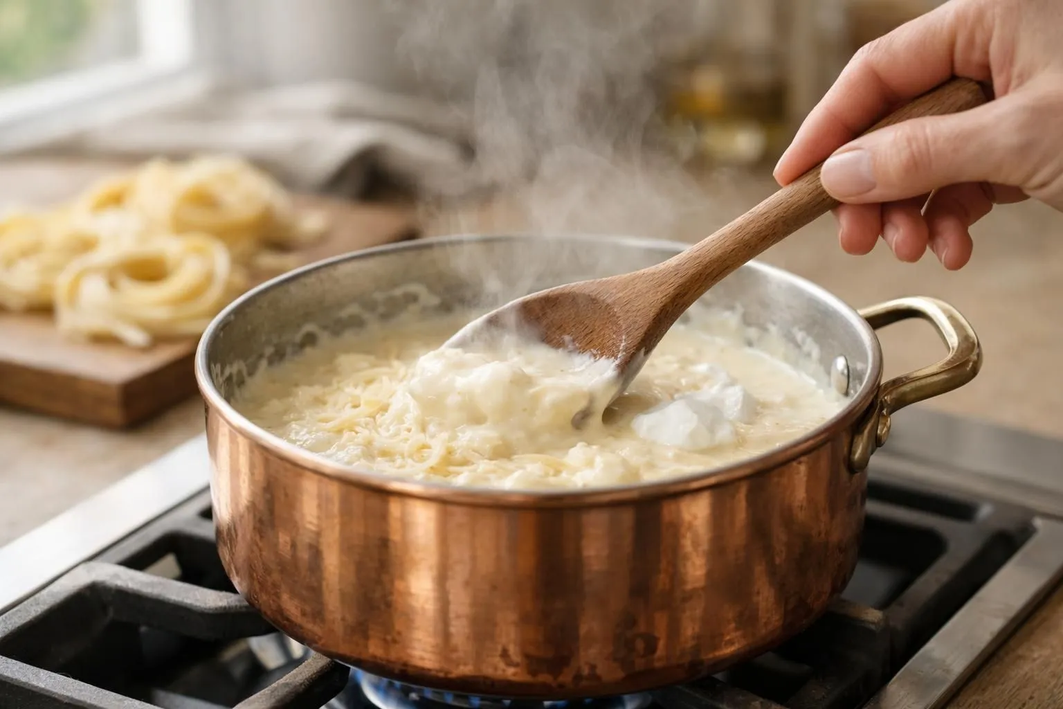 Casserole en cuivre sur feu doux avec sauce fromagère crémeuse en train de fondre, fromage râpé et crème fraîche visibles à côté, main tenant une cuillère en bois qui remue doucement, cuisine lumineuse avec lumière naturelle, vapeur légère s'échappant de la casserole, tons chaleureux beige et doré, mise au point sur la texture onctueuse de la sauce, arrière-plan flouté montrant des pâtes fraîches dans un plat