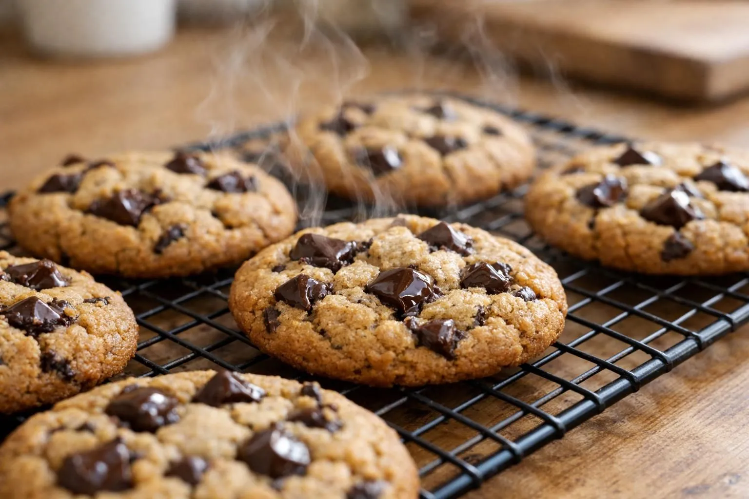 Réussissez vos cookies faciles sans oeufs vegan en 30 minutes chrono Close-up of freshly baked golden vegan cookies with melted chocolate chips cooling on a wire rack in a bright, warm kitchen setting. Natural daylight streaming through window, wooden countertop visible in soft focus background, steam rising gently from warm cookies, realistic food photography at 45-degree angle showing appetizing texture and chocolate details