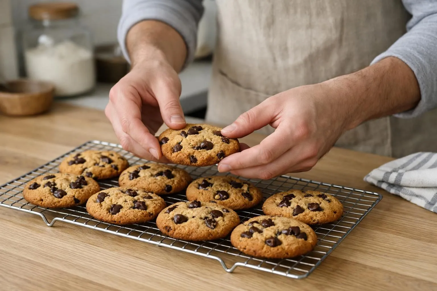 Des cookies moelleux dorés avec des pépites de chocolat fondues et visibles, texture gummy caractéristique brillante, disposés sur une grille de refroidissement métallique moderne, lumière naturelle chaude, mains d'un pâtissier amateur en train d'en saisir un, cuisine contemporaine en arrière-plan légèrement floutée, ambiance gourmande et conviviale, sans texte.