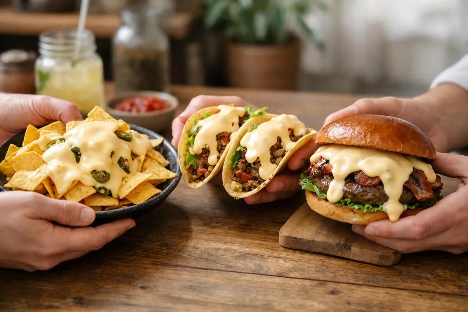 Vue à 45° d'une table conviviale avec plusieurs assiettes garnies de nachos croustillants, tacos garnis, et un burger artisanal, le tout généreusement nappé d'une sauce fromagère onctueuse couleur jaune doré. Au centre, un petit ramequin en céramique blanche déborde de sauce crémeuse. Ambiance lumière naturelle douce, décor chaleureux avec planches en bois, serviettes en tissu, quelques chips de maïs éparpillées. Arrière-plan légèrement flouté montrant une main tenant un taco. Tons naturels et appétissants.
