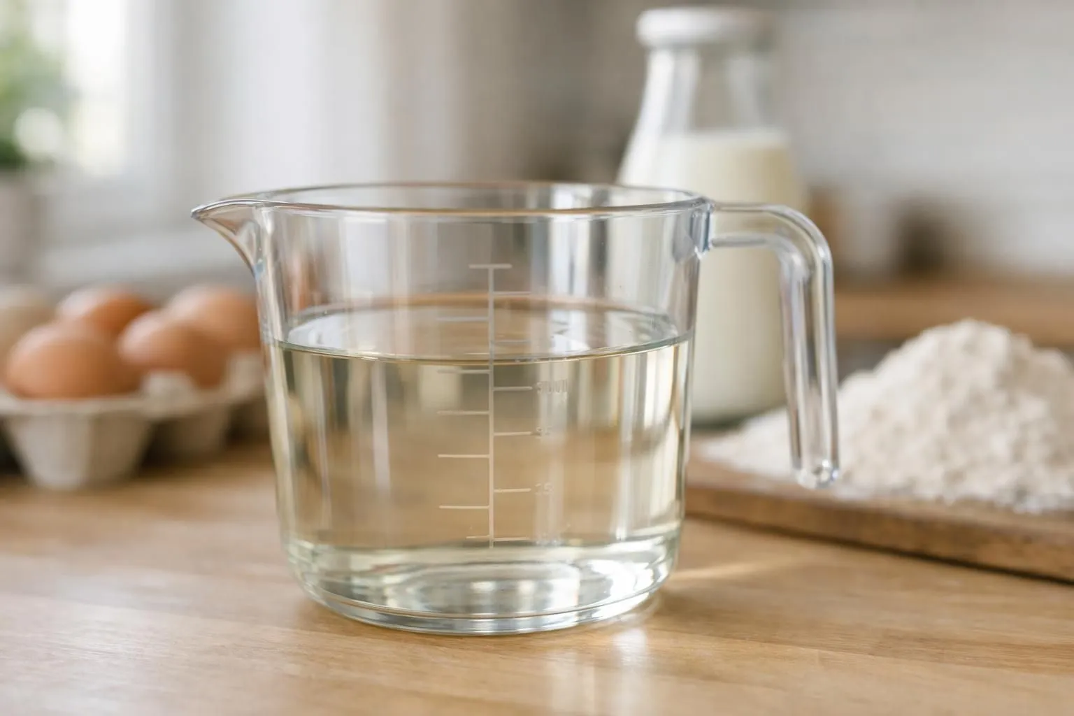 Close-up of transparent measuring cup showing measurement markings for milliliters and centiliters with liquid. Modern kitchen counter in background with fresh ingredients (eggs, flour, milk bottle). Natural daylight coming from window. Warm neutral tones. Focus on the measuring cup with 150 ml line clearly visible. Realistic kitchen scene, home cooking atmosphere, white and beige tones, wooden surface, soft shadows.