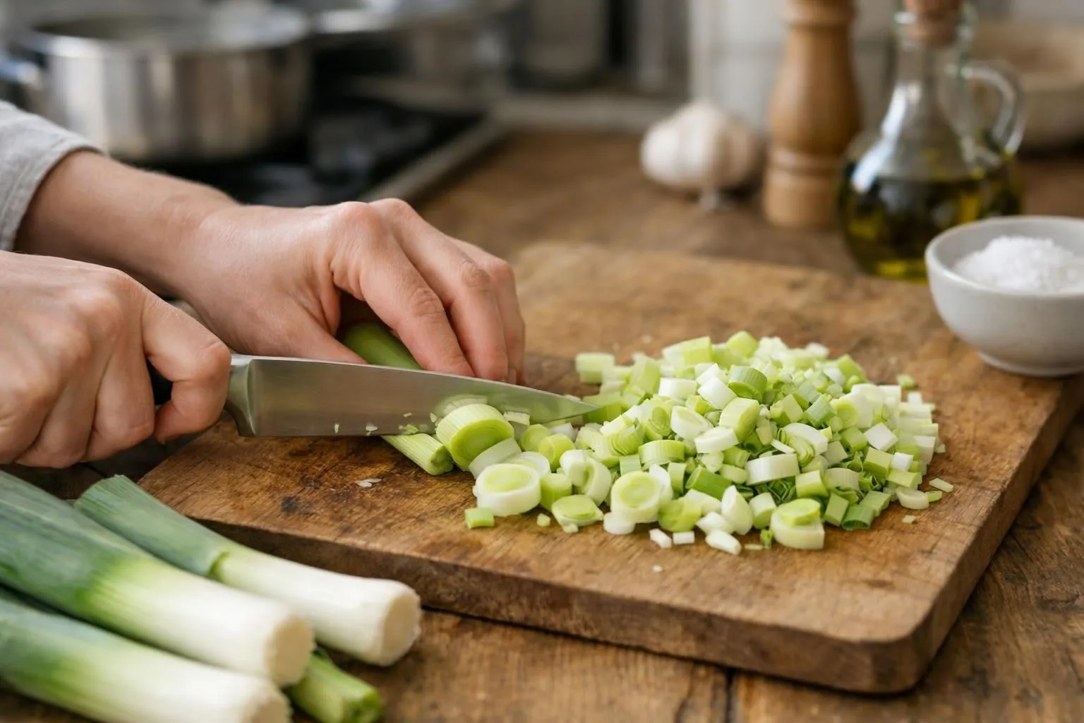 Cuisson Poireaux, 5 Méthodes Infaillibles en 2026 Photo en vue de dessus montrant des mains en train de préparer des poireaux frais sur une planche à découper en bois clair, couteau de cuisine à côté, eau claire dans un saladier pour le nettoyage, poireaux fendus en deux révélant les couches intérieures, lumière naturelle douce, ambiance cuisine conviviale et soignée, arrière-plan légèrement flouté avec torchon blanc et herbes fraîches