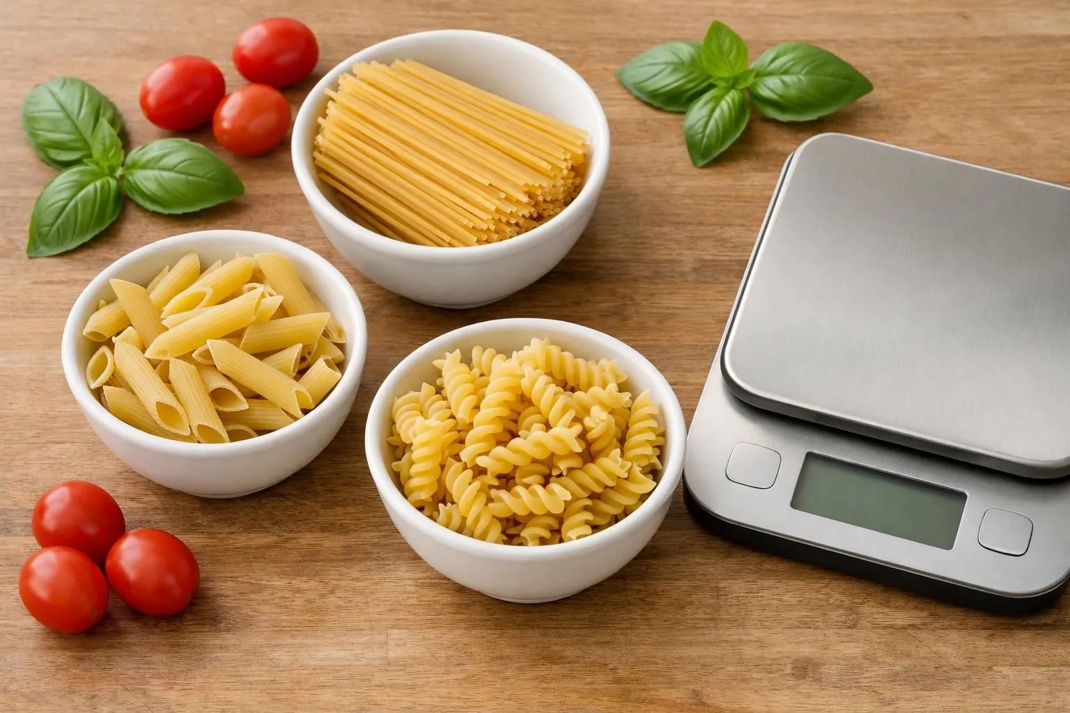 Various portions of different dried pasta types (spaghetti, penne, fusilli) measured in small white ceramic bowls on a wooden kitchen counter, overhead flat lay composition, natural daylight, kitchen scale nearby showing gram measurements, fresh basil leaves and cherry tomatoes as garnish, warm and inviting home cooking atmosphere, realistic culinary photography style
