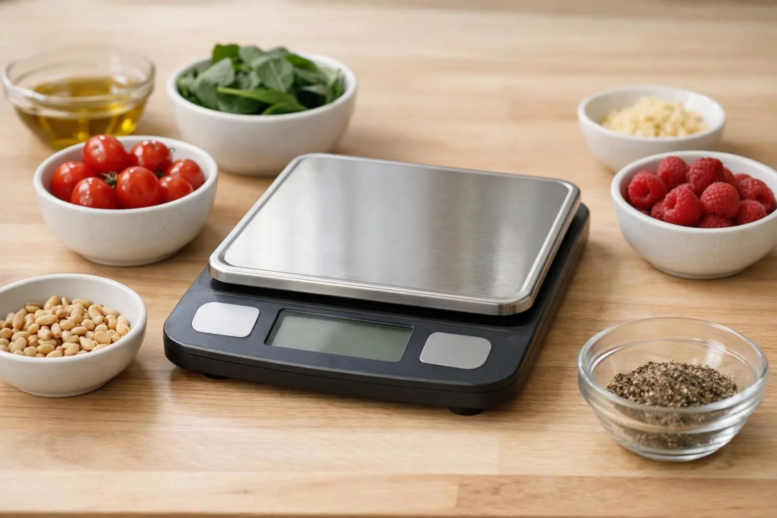 Vue de dessus d'une cuisine familiale avec balance de précision électronique, verre doseur rempli de liquide clair, petits bols contenant farine blanche, sucre cristallisé, huile dorée, lait frais, disposés sur un plan de travail en bois clair, lumière naturelle douce, cahier de recettes ouvert sur le côté, spatule et fouet en arrière-plan légèrement floutés, ambiance chaleureuse et pratique pour la préparation culinaire