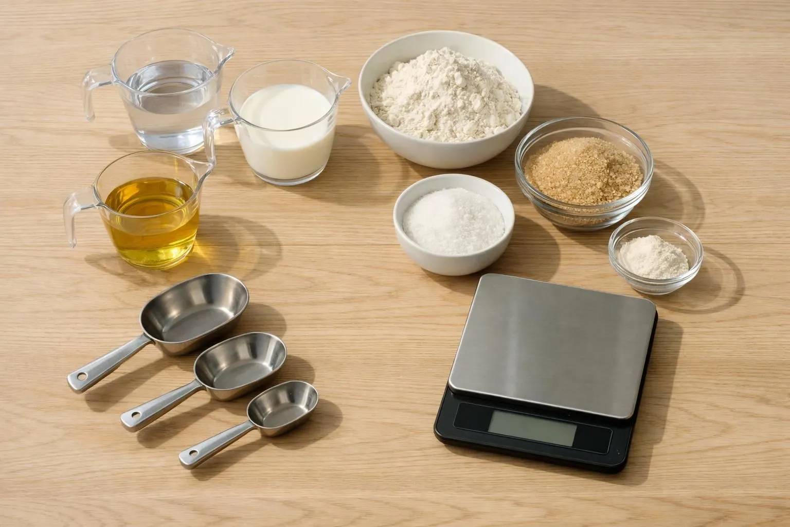 Vue de dessus d'une table de cuisine lumineuse en bois clair, montrant plusieurs verres doseurs transparents remplis de liquides différents (eau claire, lait blanc, huile d'olive dorée, crème épaisse), accompagnés de bols contenant des ingrédients secs (farine blanche tamisée, sucre en poudre cristallin, cacao brun foncé), balance de cuisine numérique moderne en arrière-plan, cuillères doseuses en inox disposées harmonieusement, lumière naturelle douce créant des ombres délicates, ambiance organisée et pédagogique de préparation culinaire, focus net sur les textures contrastées des liquides et poudres, quelques ingrédients frais (œufs, beurre) visibles sur le côté, tons beiges et blancs dominants avec touches dorées de l'huile