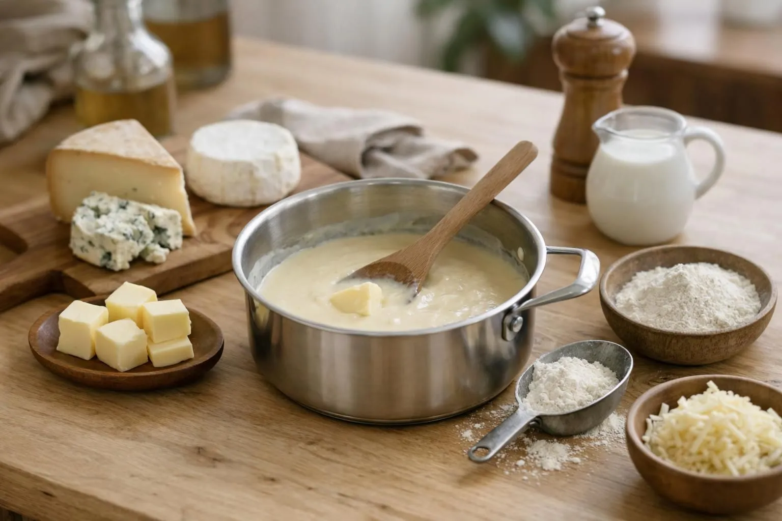 Vue de dessus d'une table de cuisine en bois clair avec tous les ingrédients pour une sauce fromagère disposés harmonieusement: blocs de fromage (gruyère et comté) sur une planche, petit bol de beurre jaune, farine blanche dans un ramequin, bouteille de lait en verre, noix de muscade entière avec râpe miniature, lumière naturelle douce venant de la gauche, ambiance conviviale et chaleureuse, arrière-plan légèrement flouté montrant des ustensiles de cuisine