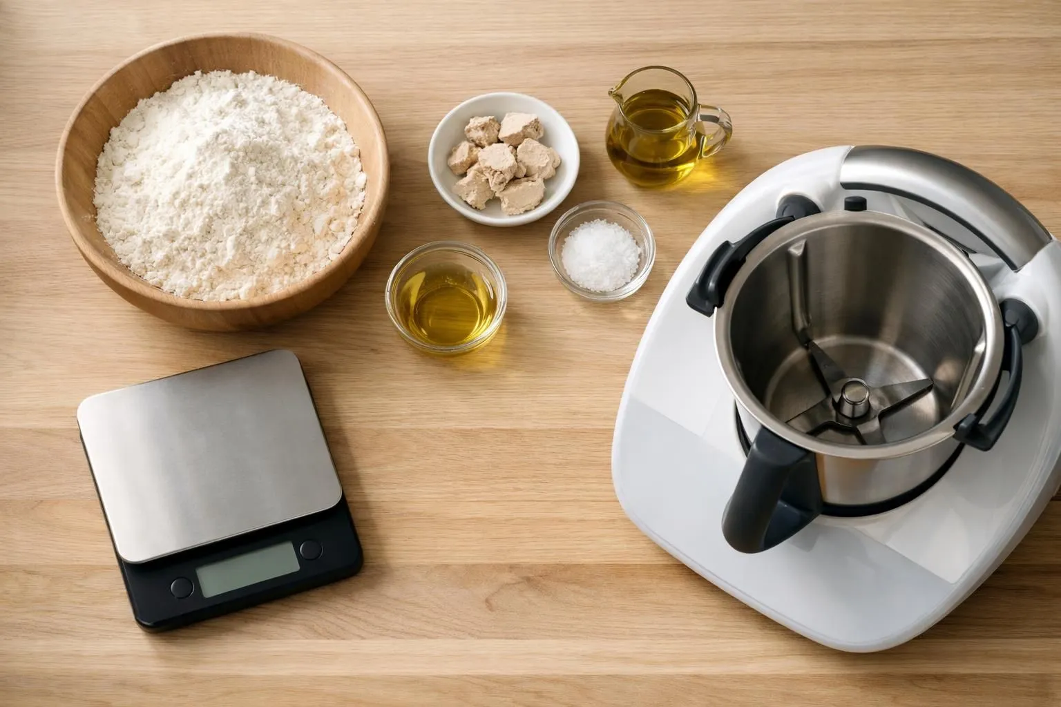 Vue de dessus sur un plan de travail en bois clair avec tous les ingrédients pour pâte à pizza disposés dans des bols: farine blanche dans un grand saladier, cubes de levure fraîche, huile d