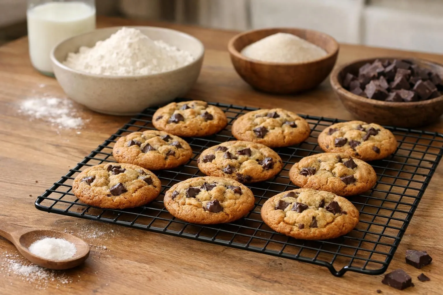 Réussissez vos cookies faciles sans oeufs vegan en 30 minutes chrono Vue de dessus sur une table en bois clair avec 12 cookies dorés disposés sur une grille de refroidissement métallique, entourés des ingrédients: bol de pépites de chocolat, tas de farine, margarine végétale dans son emballage, sucre brun dans un petit récipient blanc, et gousse de vanille. Éclairage naturel doux créant des ombres légères, ambiance cuisine maison chaleureuse avec torchon à rayures en arrière-plan flouté. Tons beiges, dorés et chocolat, cadrage à 45 degrés, mise au point nette sur les cookies au premier plan.