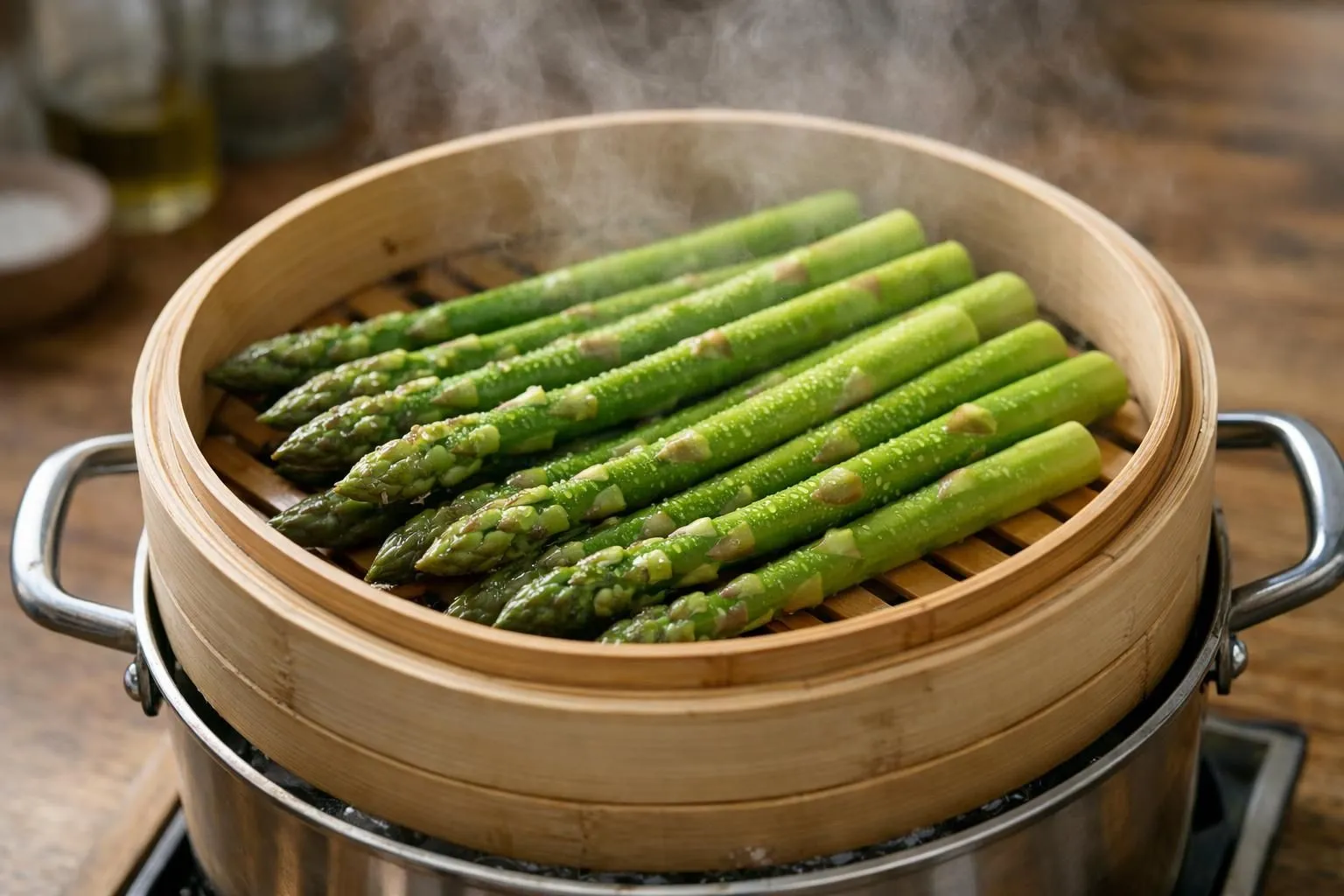 Fresh green asparagus spears arranged in a bamboo steamer basket over a pot of simmering water, with visible steam rising, natural kitchen lighting from window, wooden table surface, water droplets visible on asparagus tips, warm and inviting cooking scene, shot from 45-degree angle