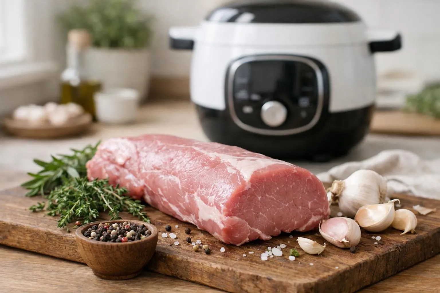 Photo en lumière naturelle d'un filet mignon cru posé sur une planche en bois, entouré d'ingrédients frais (herbes aromatiques, gousse d'ail écrasée, poivre en grains), avec le multicuiseur Cookeo visible en arrière-plan légèrement flouté, dans une cuisine moderne et chaleureuse aux tons naturels. Angle à 45 degrés, mise au point nette sur la viande.