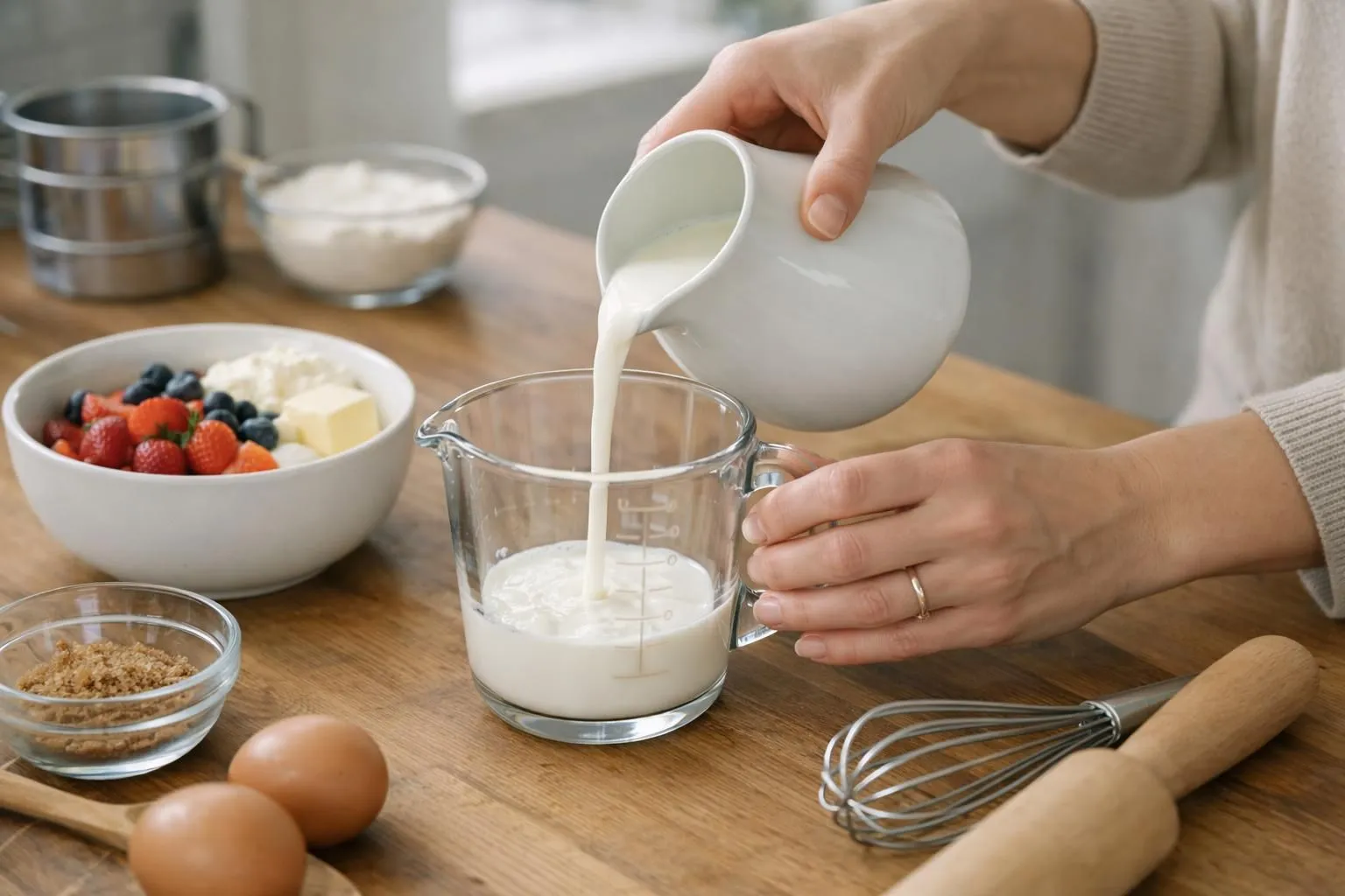 Cuisine moderne lumineuse avec vue de dessus d'un verre doseur gradué transparent rempli de liquide posé sur un plan de travail en bois clair, cuillères à mesurer métalliques éparpillées autour, bol en céramique blanche avec ingrédients, main féminine en train de verser du lait dans le verre mesureur, lumière naturelle douce créant des ombres légères, ambiance conviviale de préparation culinaire maison, ingrédients frais visibles (œufs, farine dans un bocal transparent), cadrage à 45 degrés, arrière-plan flouté montrant des ustensiles de cuisine modernes