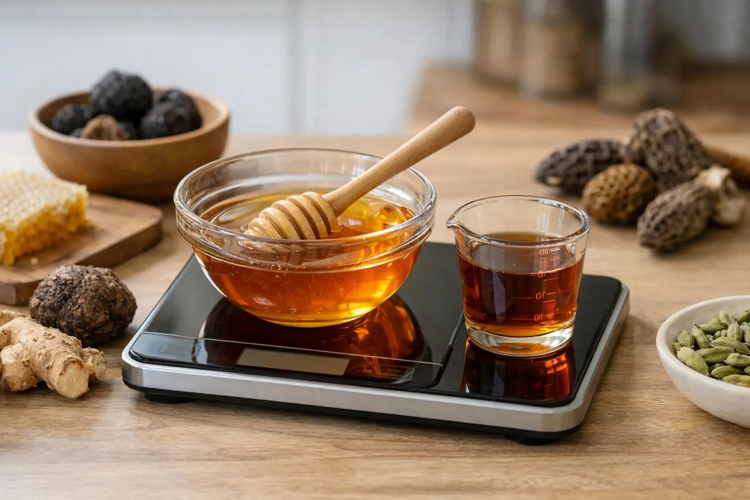 Scène culinaire dans une cuisine moderne éclairée naturellement. Au premier plan, une petite balance de cuisine digitale avec un bol transparent contenant du miel doré, à côté d'un verre doseur en verre gradué rempli partiellement de sirop d'érable ambré. En arrière-plan légèrement flouté, on aperçoit des ingrédients rares: pâte d'amande dans un ramequin blanc, bocal de tahini entrouvert, pot de beurre de cacahuète artisanal. Sur un bloc-notes posé à plat, une calculatrice simple et un stylo. Lumière naturelle douce venant d'une fenêtre latérale, tons chauds beige et bois clair. Vue en angle à 45 degrés, ambiance conviviale de cuisine quotidienne avec touches d'ingrédients spéciaux. Aucun texte visible sur les objets.