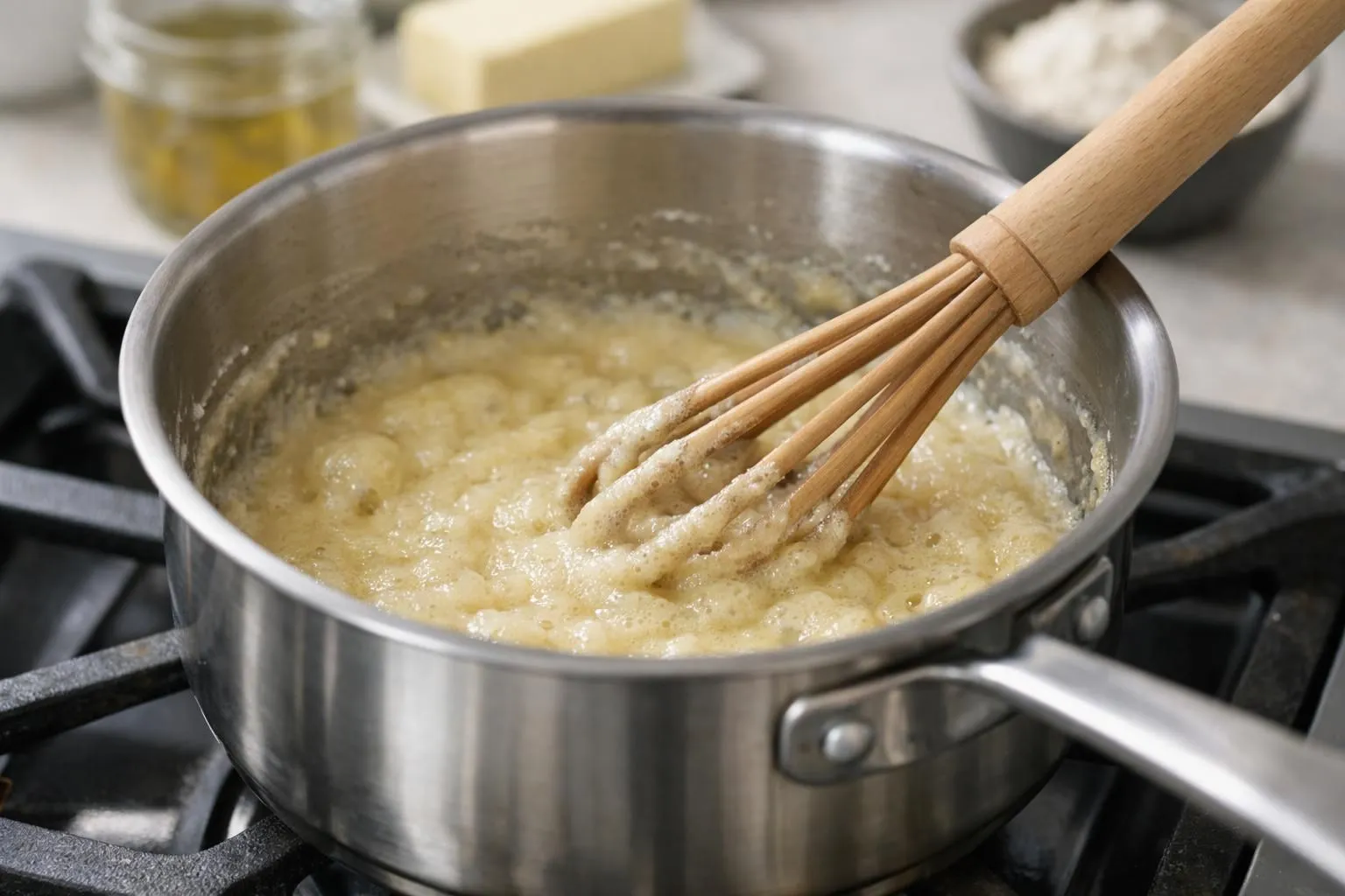 Vue rapprochée d'une casserole en inox sur une cuisinière, montrant un roux blond en train de cuire, fouet en bois mélangant activement la préparation beurre-farine. Lumière naturelle douce éclairant la texture crémeuse du roux, quelques ingrédients visibles en arrière-plan flou (fromage râpé, lait dans un pichet). Angle à 45 degrés, mise au point nette sur la casserole, ambiance cuisine moderne et chaleureuse.