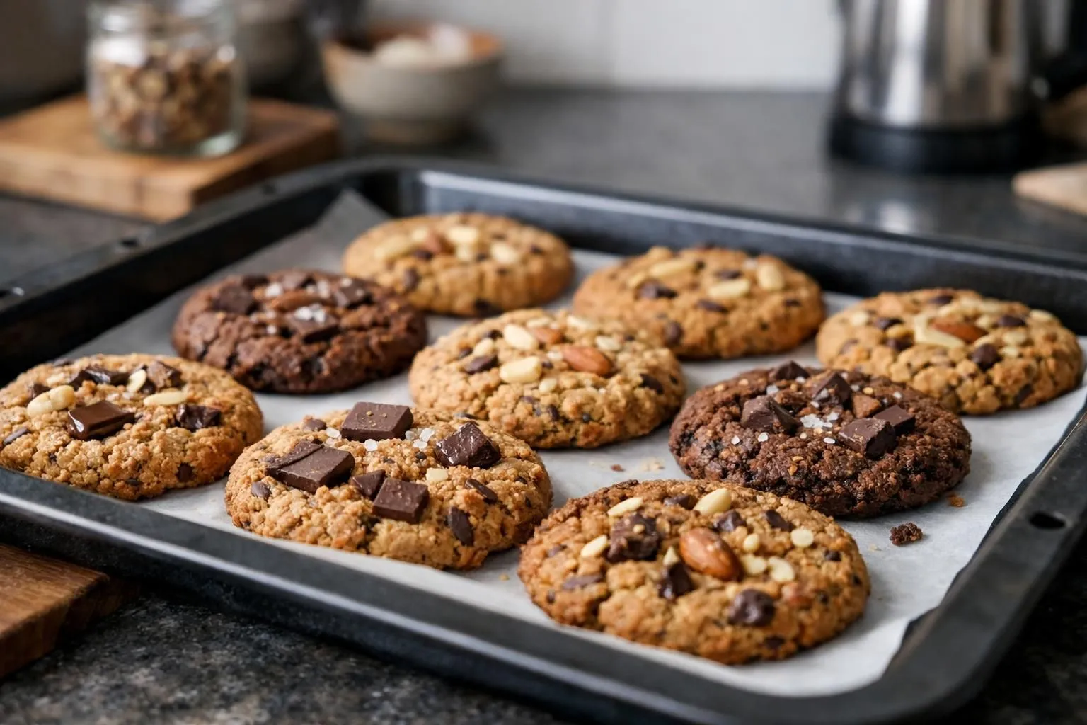 Réussissez vos cookies faciles sans oeufs vegan en 30 minutes chrono Freshly baked cookies with chocolate chunks and nuts on a tray.