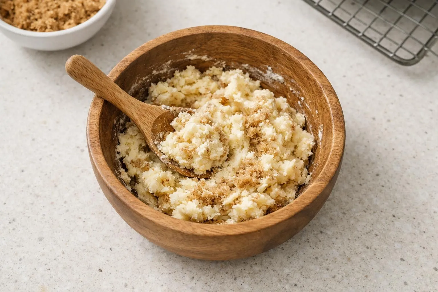 Wooden bowl filled with crumbly, golden-brown breadcrumb mixture.