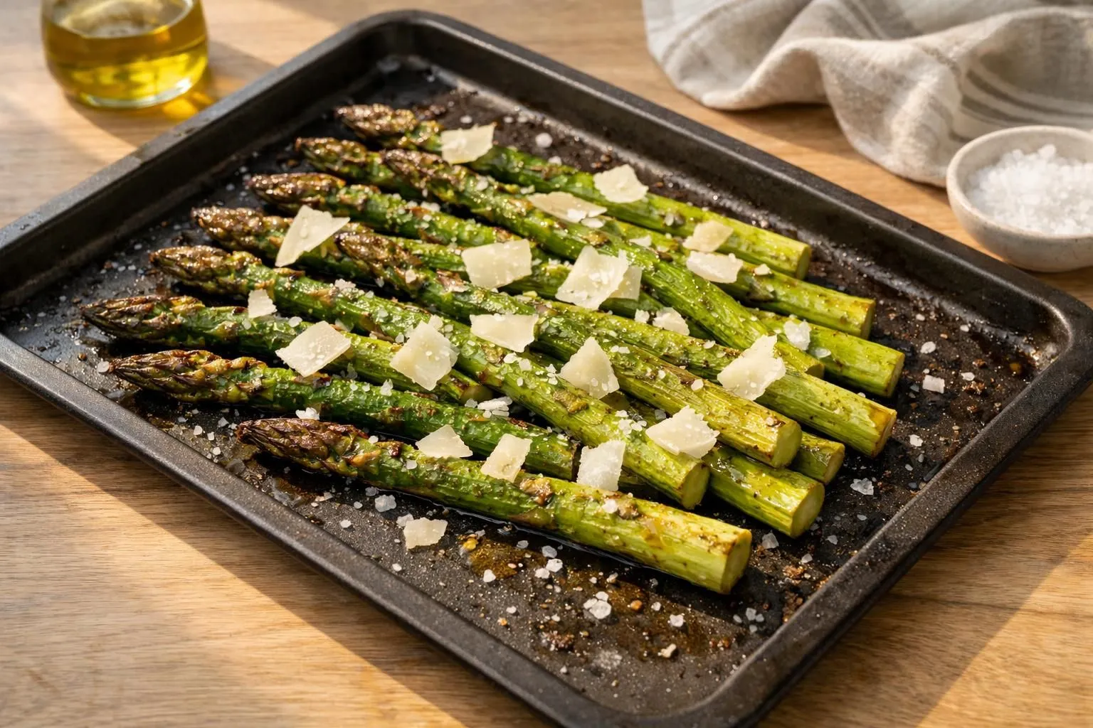 Asperges vertes rôties sur une plaque de cuisson, pointes dorées et légèrement caramélisées, filet d