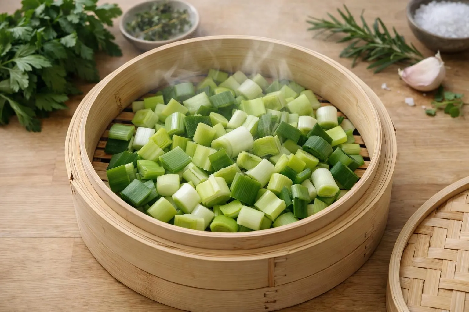 Cuisson Poireaux, 5 Méthodes Infaillibles en 2026 Poireaux coupés en tronçons réguliers disposés dans un panier vapeur en bambou au-dessus d