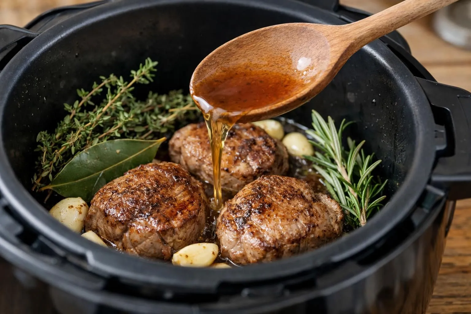 Photo culinaire en gros plan d'un filet mignon doré dans une cocotte Cookeo ouverte, avec des aromates frais disposés autour: brins de thym, feuilles de laurier, romarin, gousses d'ail écrasées. Une cuillère en bois verse du bouillon de volaille ambré dans la cuve. Lumière naturelle latérale, vapeur légère visible, comptoir de cuisine en bois clair en arrière-plan flouté avec quelques légumes frais. Ambiance chaleureuse et authentique de cuisine maison.