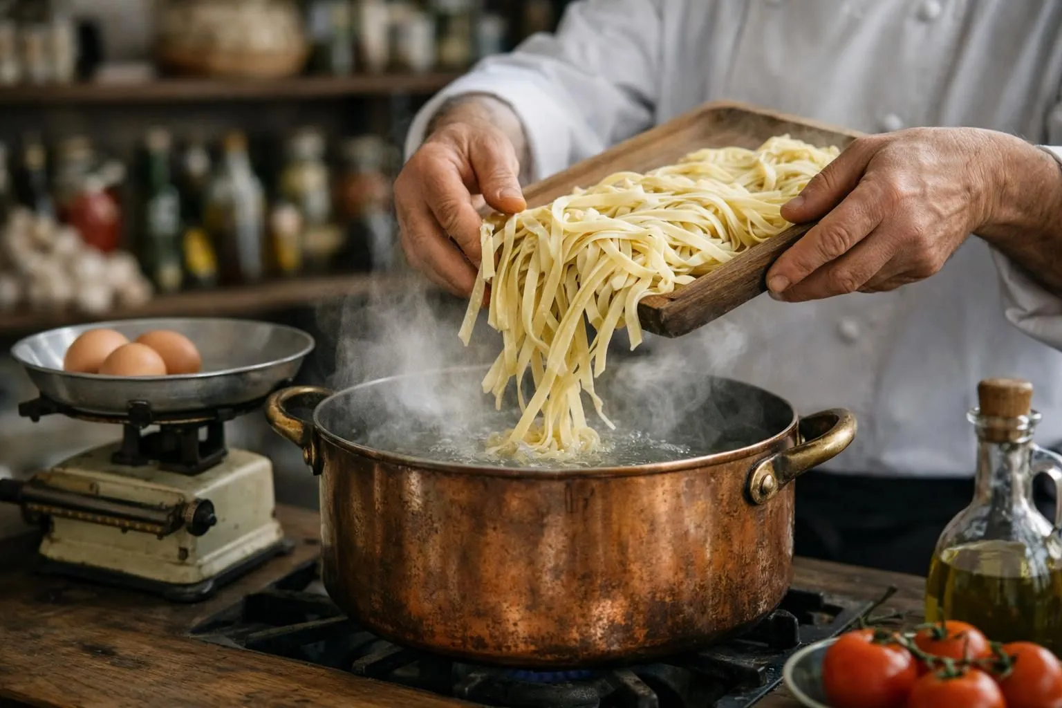 Chef italien en cuisine professionnelle versant des pâtes fraîches dans une grande marmite fumante, gros plan sur ses mains expertes tenant une balance de cuisine vintage, casserole en cuivre patiné, vapeur qui s