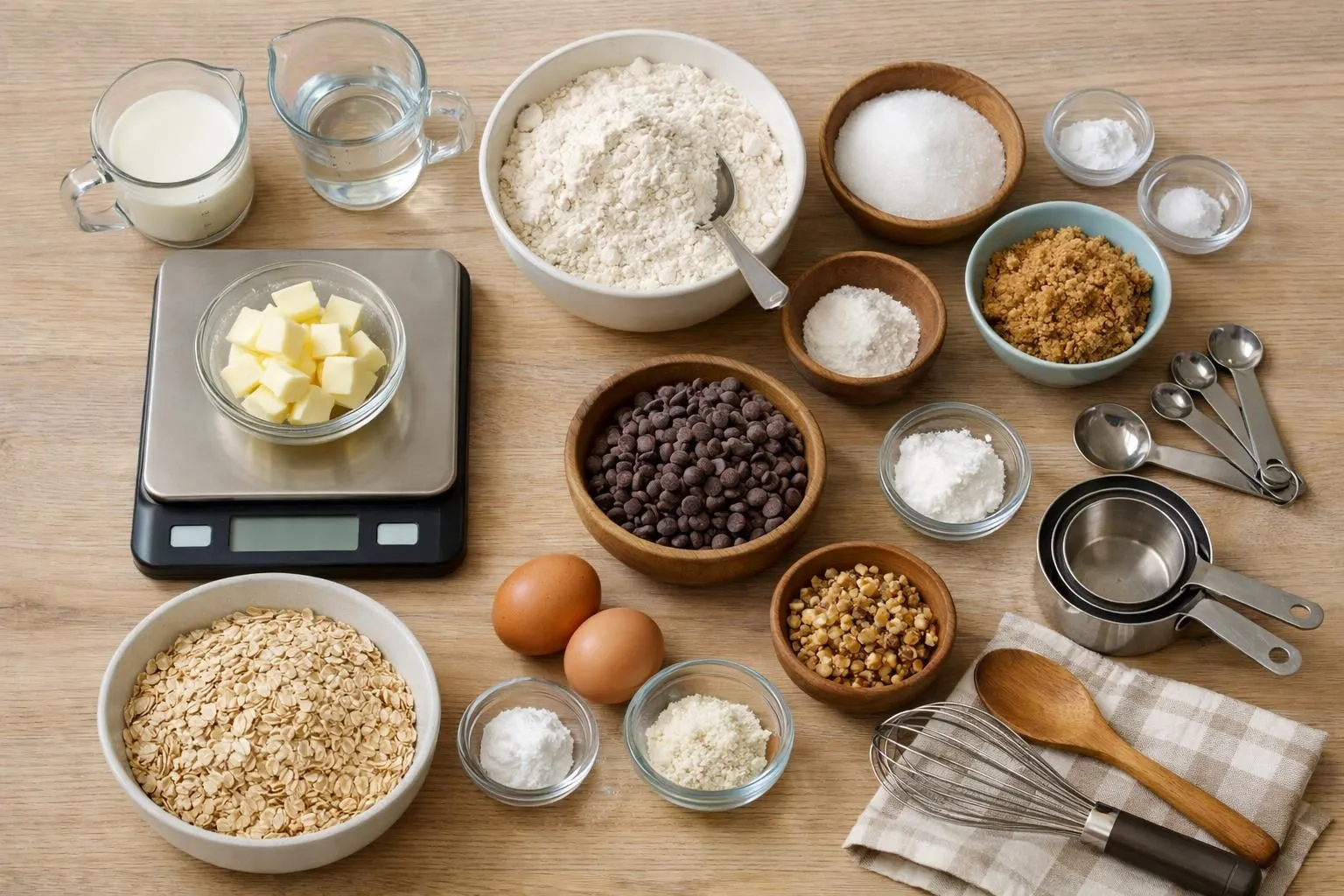 Vue de dessus d'une cuisine lumineuse montrant une balance de précision numérique, des verres doseurs transparents remplis de liquides (lait, huile), des bols avec ingrédients secs (farine, sucre), un carnet de recettes ouvert avec annotations, et des ustensiles de mesure éparpillés sur un plan de travail en bois clair, lumière naturelle douce créant une ambiance de pâtisserie familiale et chaleureuse