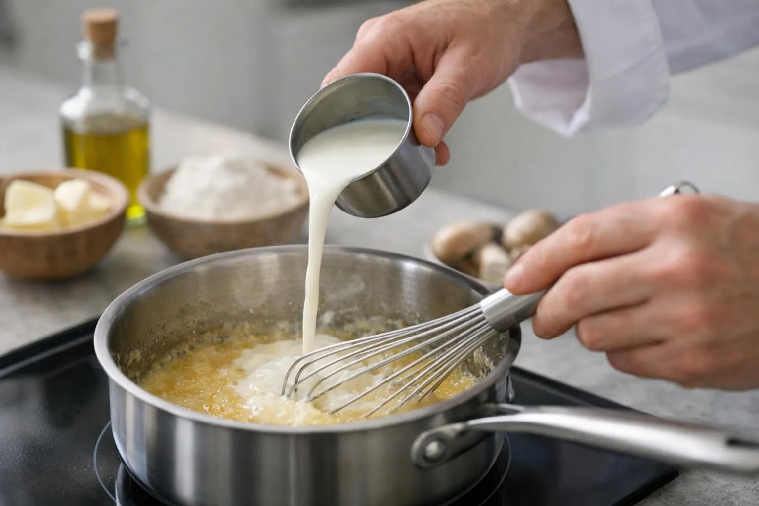 Vue rapprochée d'une main versant un filet de lait blanc dans une casserole contenant un roux doré, avec un fouet en acier inoxydable en mouvement créant une texture lisse et crémeuse. Cuisine moderne lumineuse, lumière naturelle douce, vapeur légère visible, focus net sur le lait se mélangeant au roux, arrière-plan flouté montrant des ingrédients (fromage râpé, bouteille de lait).