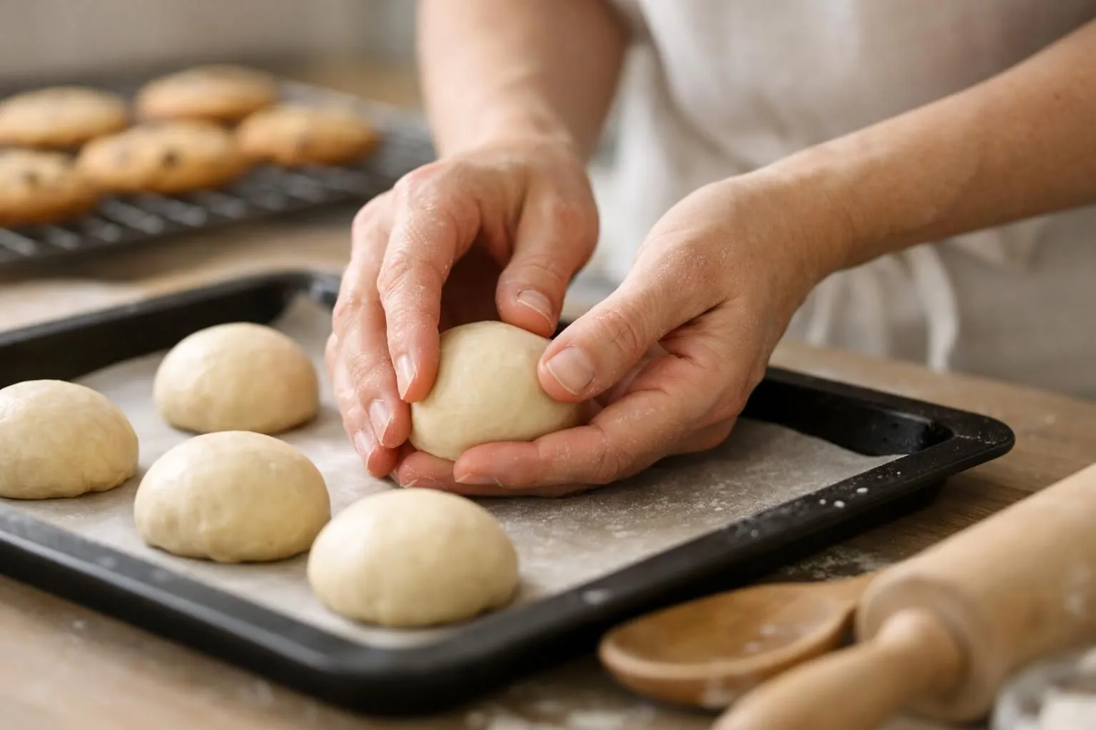 Réussissez vos cookies faciles sans oeufs vegan en 30 minutes chrono Mains d'un boulanger disposant des boules de pâte à cookies sur une plaque de cuisson tapissée de papier sulfurisé, éclairage professionnel chaleureux, plan rapproché sur les gestes précis de façonnage, quelques cookies déjà dorés en arrière-plan flouté, ambiance cuisine lumineuse avec ustensiles en bois visibles, tons naturels beige et marron
