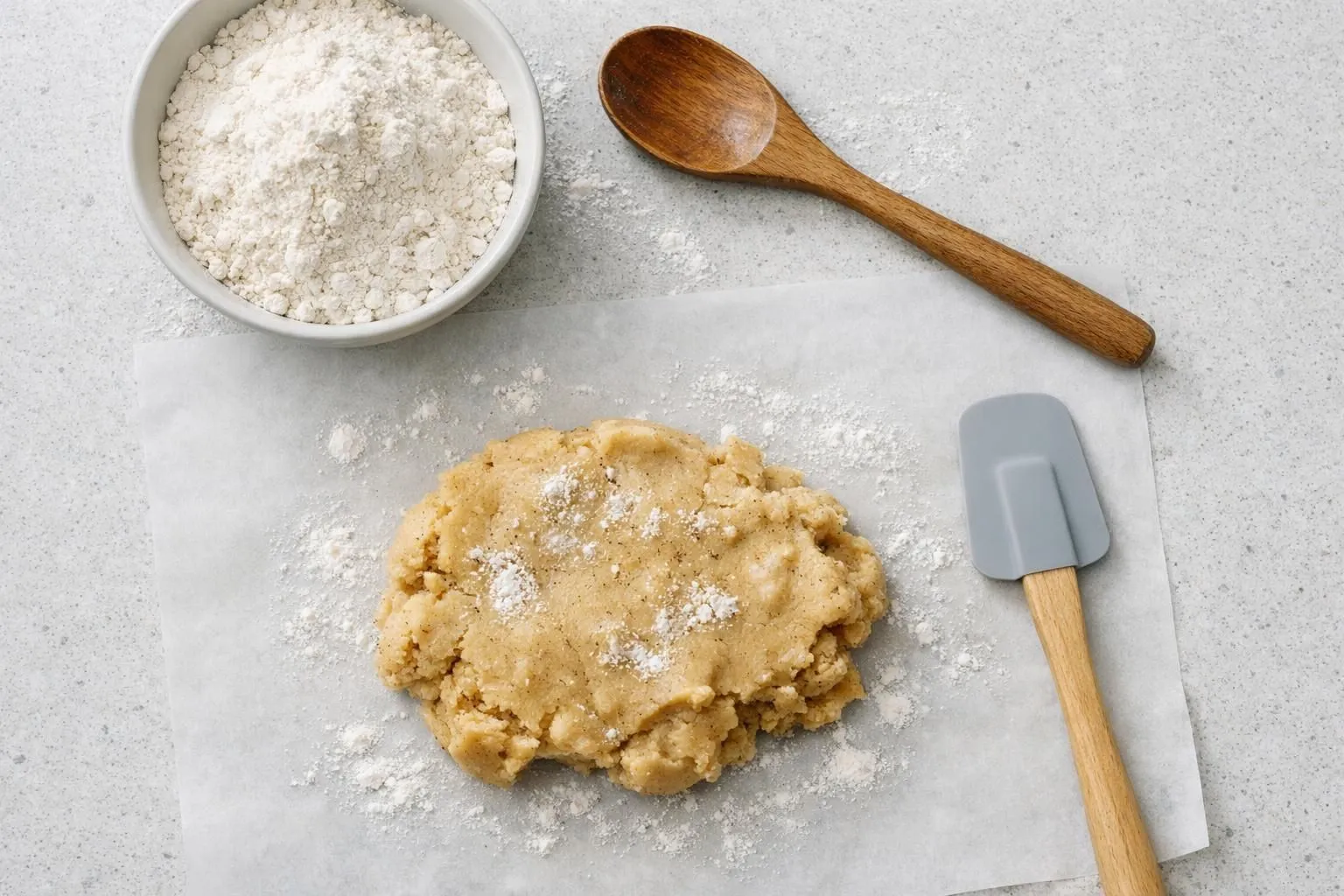 Dough, flour, wooden spoon, and spatula on a white surface.