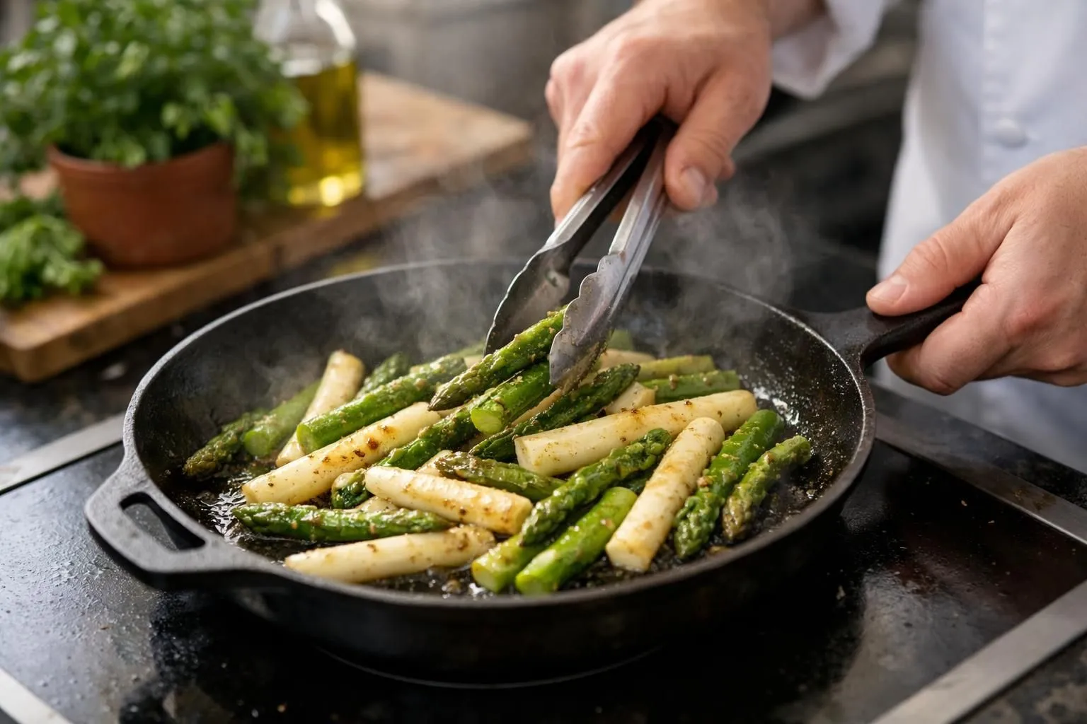 Asperges vertes et blanches en train de sauter dans une poêle en fonte avec du beurre mousseux, spatule en bois visible, gros plan sur la cuisson, vapeur légère, arrière-plan de cuisine avec planche à découper et herbes fraîches, lumière naturelle chaude, angle à 45 degrés, rendu réaliste et gourmand