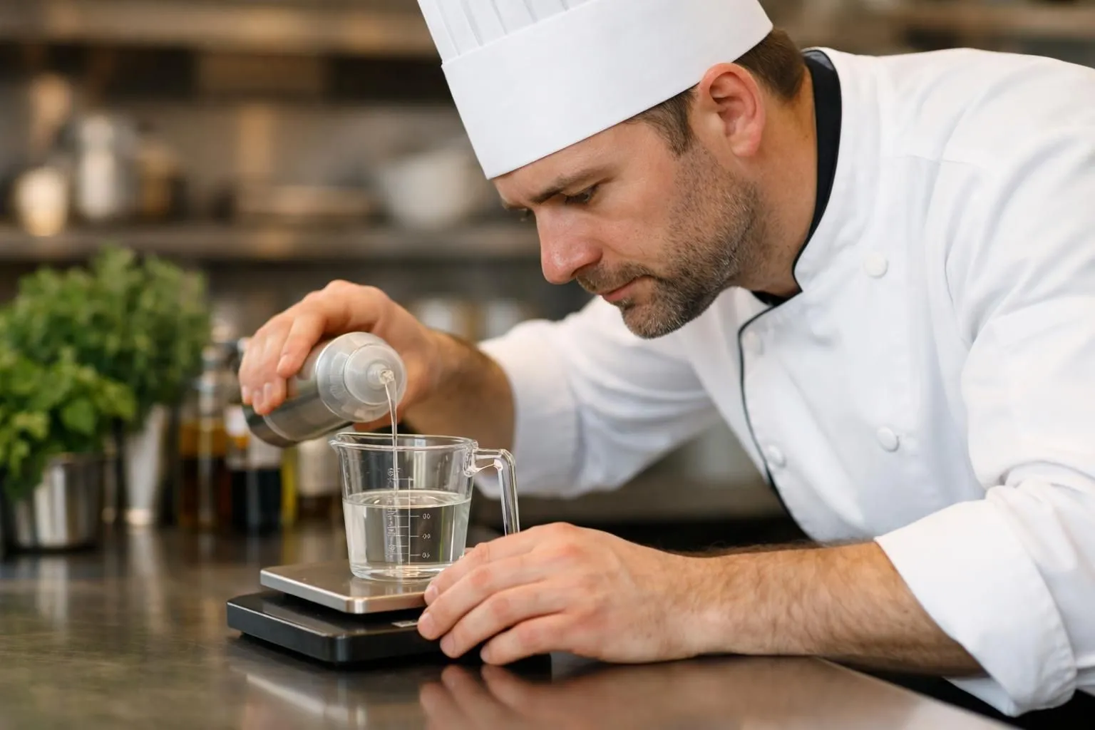 Professional chef in modern restaurant kitchen using digital precision scale to weigh liquid ingredients from measuring cup, concentrated expression, stainless steel counter with fresh herbs and bottles visible, natural daylight from window, realistic depth of field focused on scale display, warm ambient lighting, kitchen equipment blurred in background, chef's hands carefully pouring liquid