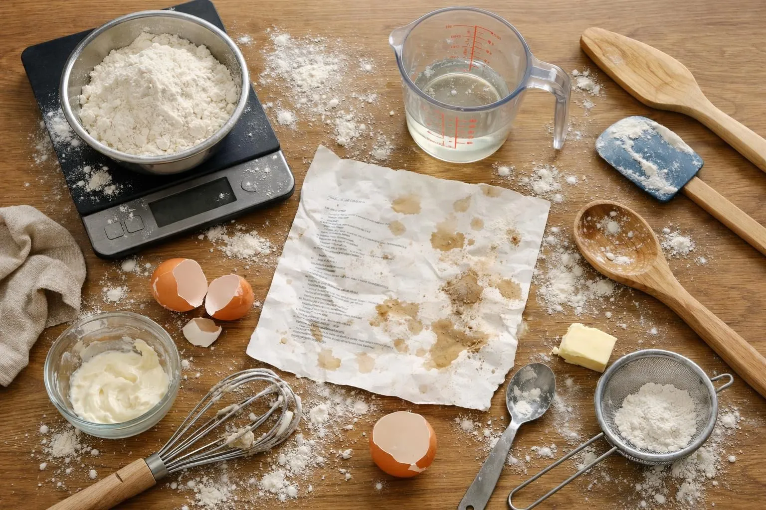 Photo en lumière naturelle d'une cuisine domestique montrant une catastrophe culinaire évitable: balance de cuisine numérique, verre doseur avec liquide, farine renversée sur le plan de travail en bois, spatules et fouets éparpillés, recette manuscrite tachée, ambiance de cuisine réelle après une erreur de mesure, tons chauds et naturels, vue à 45°, mise au point nette sur la balance et les ingrédients mal mesurés