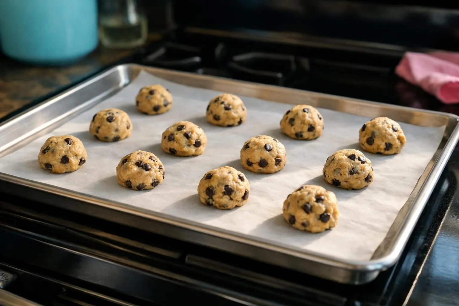 Freshly baked chocolate chip cookie dough balls on a baking sheet.