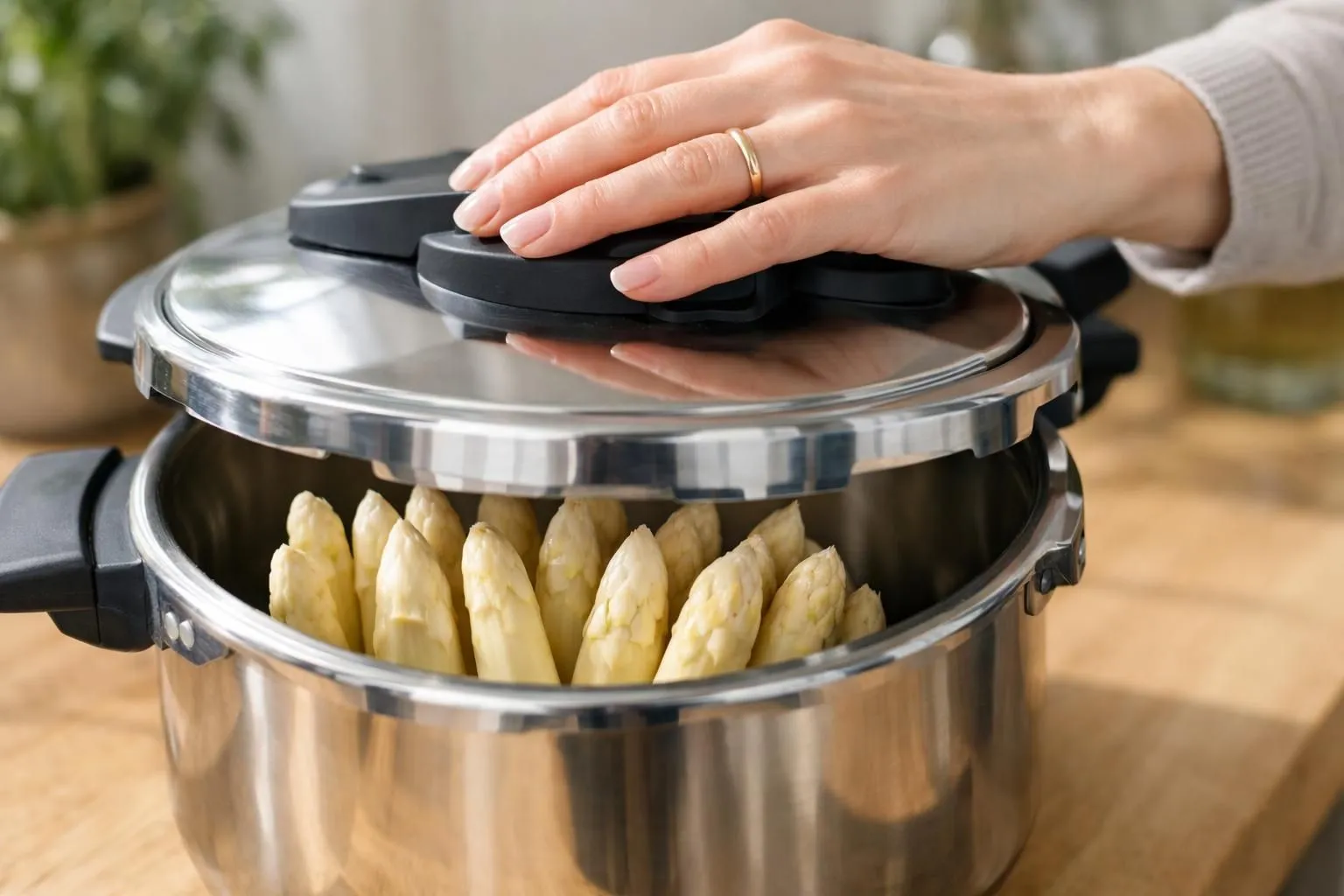 Asperges blanches fraîches disposées dans un panier vapeur d