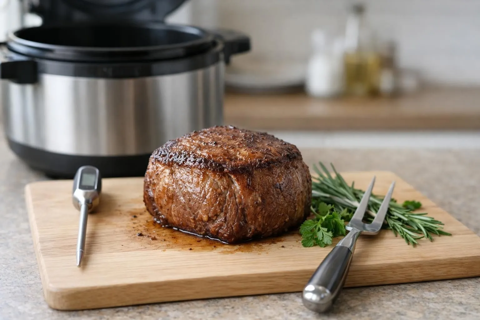 Photo vue de dessus d'un filet mignon sortant d'un multicuiseur moderne, posé sur une planche en bois clair avec un thermomètre de cuisine planté au centre de la viande. Éclairage naturel doux mettant en valeur la surface dorée du filet. Autour: fourchette à viande, petite assiette blanche, herbes fraîches (thym), fond de cuisine lumineuse légèrement flouté. Ambiance conviviale et réaliste, cadrage à 45° capturant l'étape de vérification de cuisson.