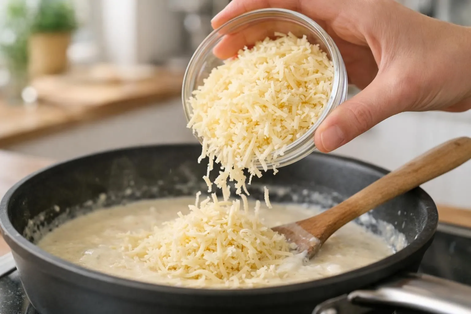 Photo culinaire en gros plan montrant une main versant du fromage râpé dans une casserole contenant une sauce blanche crémeuse, hors du feu. Angle à 45° avec mise au point nette sur le fromage tombant dans la sauce. Lumière naturelle douce créant des reflets dorés sur la surface de la béchamel. Cuisine lumineuse en arrière-plan légèrement flouté, ambiance chaleureuse et conviviale. Tons naturels dominants: blanc crème de la sauce, jaune pâle du fromage, acier inoxydable de la casserole. Aucun texte visible dans l'image.