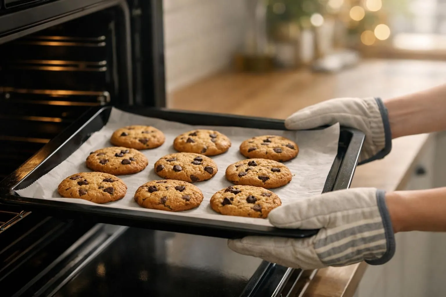 Freshly baked chocolate chip cookies on a baking tray.