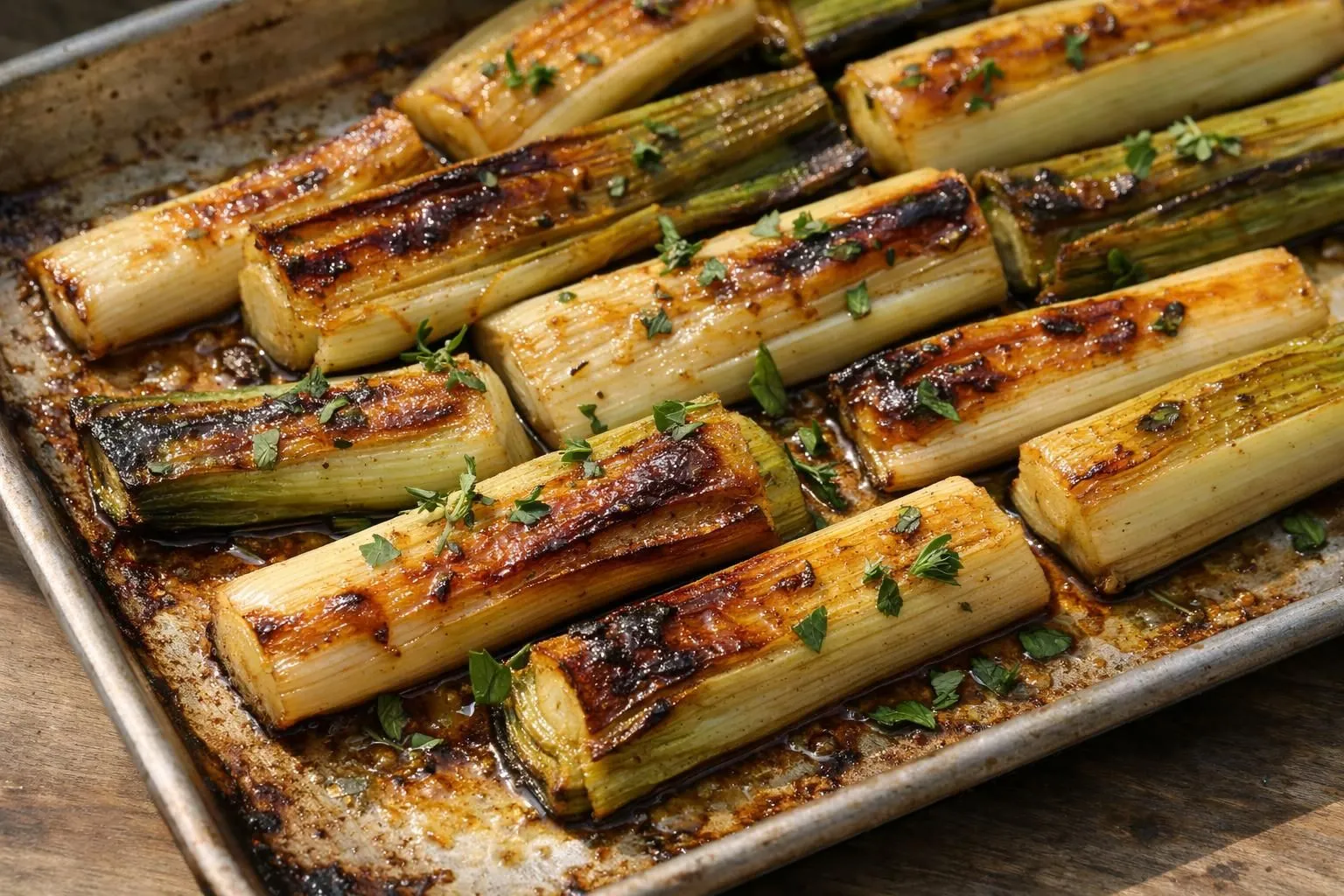 Cuisson Poireaux, 5 Méthodes Infaillibles en 2026 Poireaux rôtis dorés disposés sur une plaque de cuisson en métal, sortant du four, surface caramélisée brillante, herbes fraîches parsemées, lumière naturelle chaude, vue légèrement en angle, arrière-plan cuisine moderne floué, tons beige et vert, aspect appétissant et réaliste